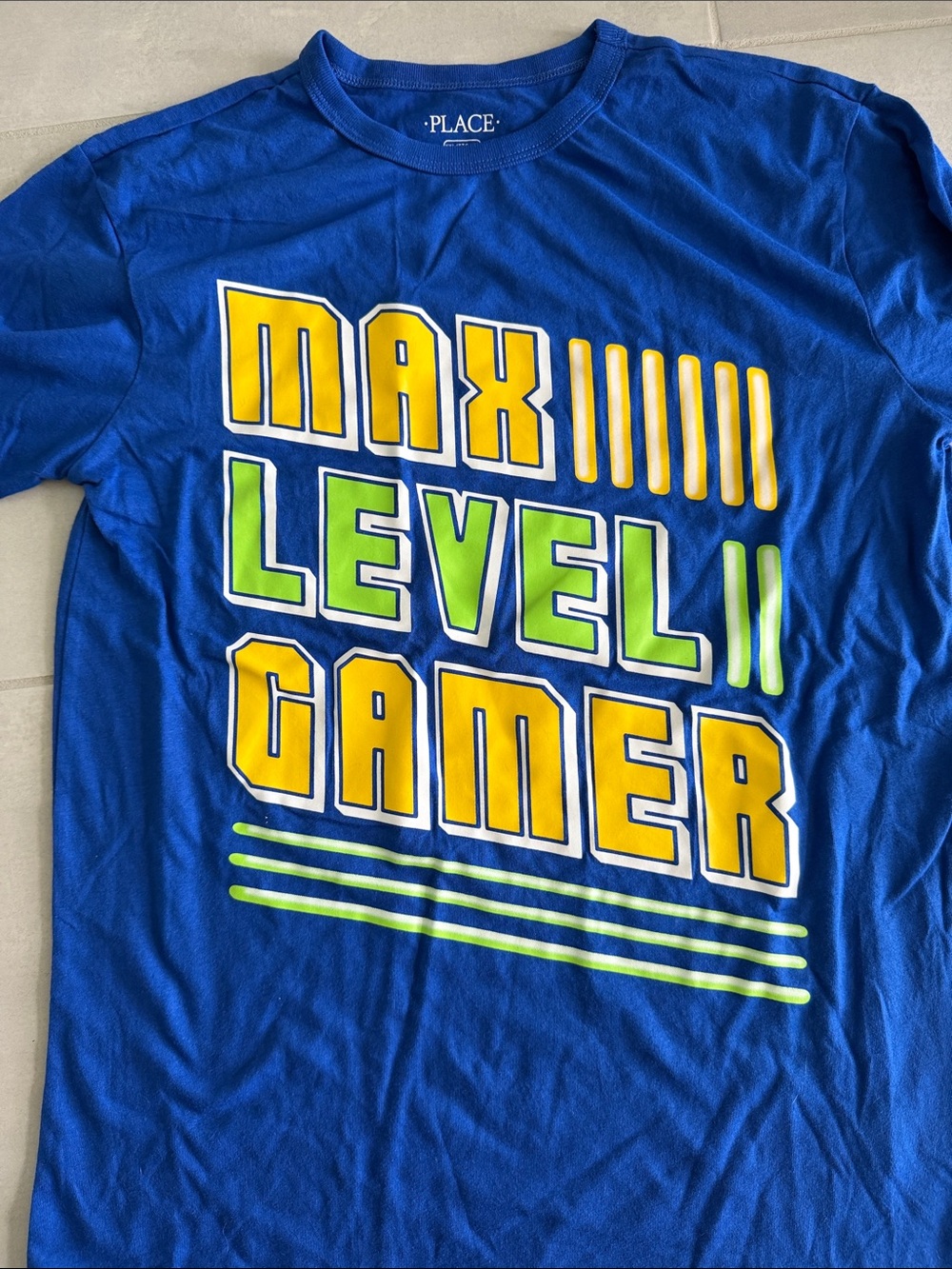 PLACE Blue 'Max Level Gamer' Tee with Yellow and Green Print